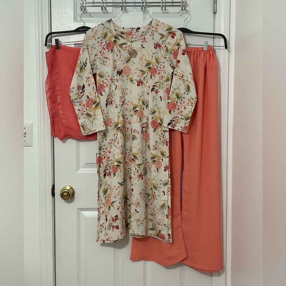 3 piece stitched Indian Pakistani suit in floral print with stud embellishment
